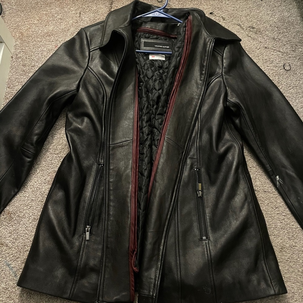Black brownish, leather jacket, dark maroon lining